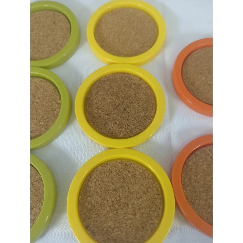 Retro MCM Multi Colored Acrylic Plastic Cork Round Coasters Set Of 8 Made In USA